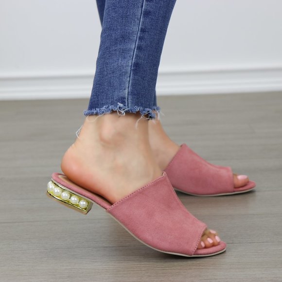 Shoes - Pink Vegan Suede Loafer Open Toe Sandal Pearl